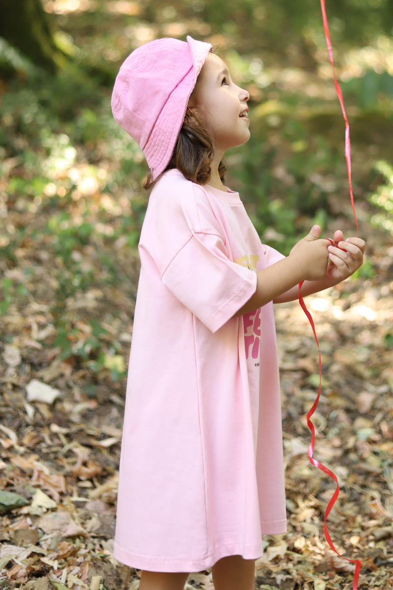 Baskılı Tişört Elbise Toz Pembe - 3