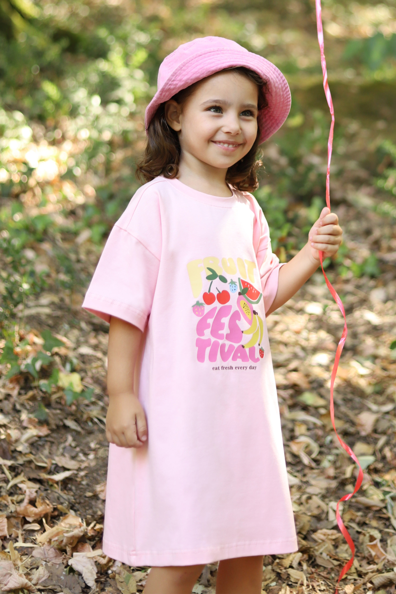 Baskılı Tişört Elbise Toz Pembe - 2