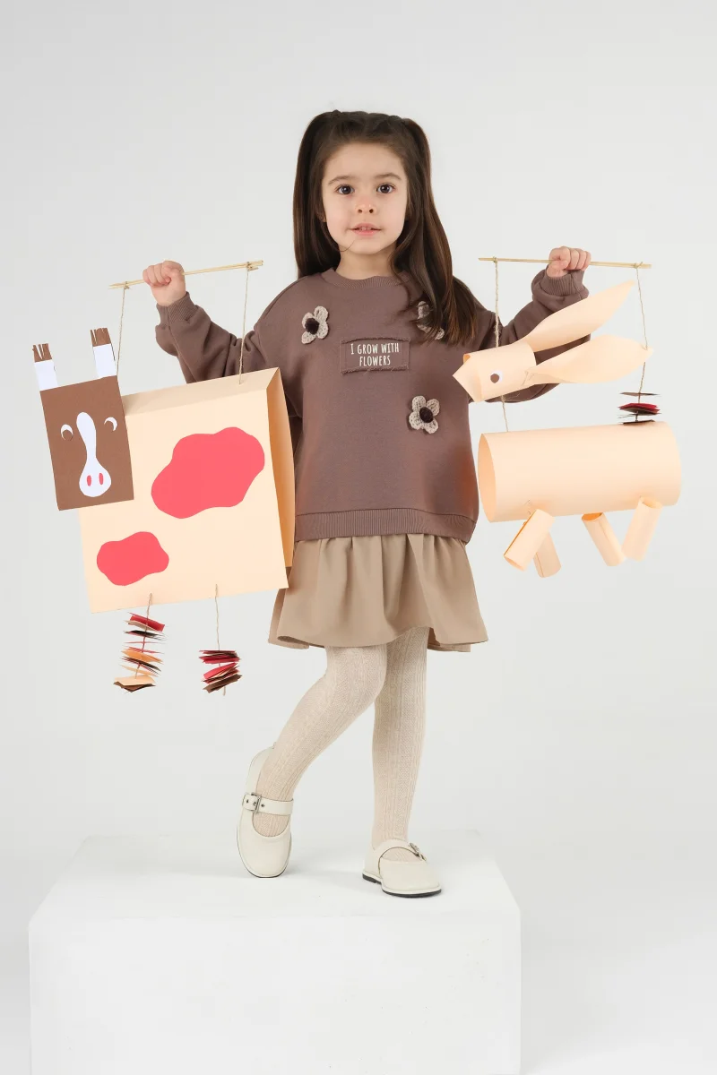 Çiçekli Sweat Elbise Kahve - 1