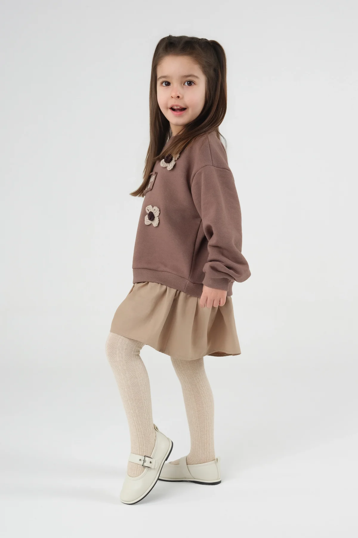 Çiçekli Sweat Elbise Kahve - 3