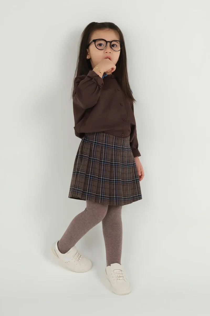 Ekose Desen Şort Etek Kahve - 1