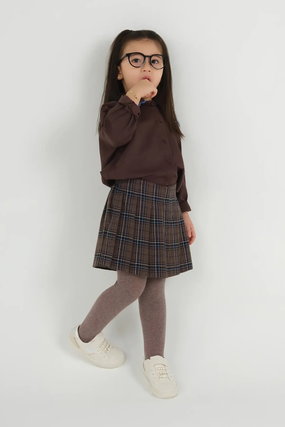 Ekose Desen Şort Etek Kahve - 1