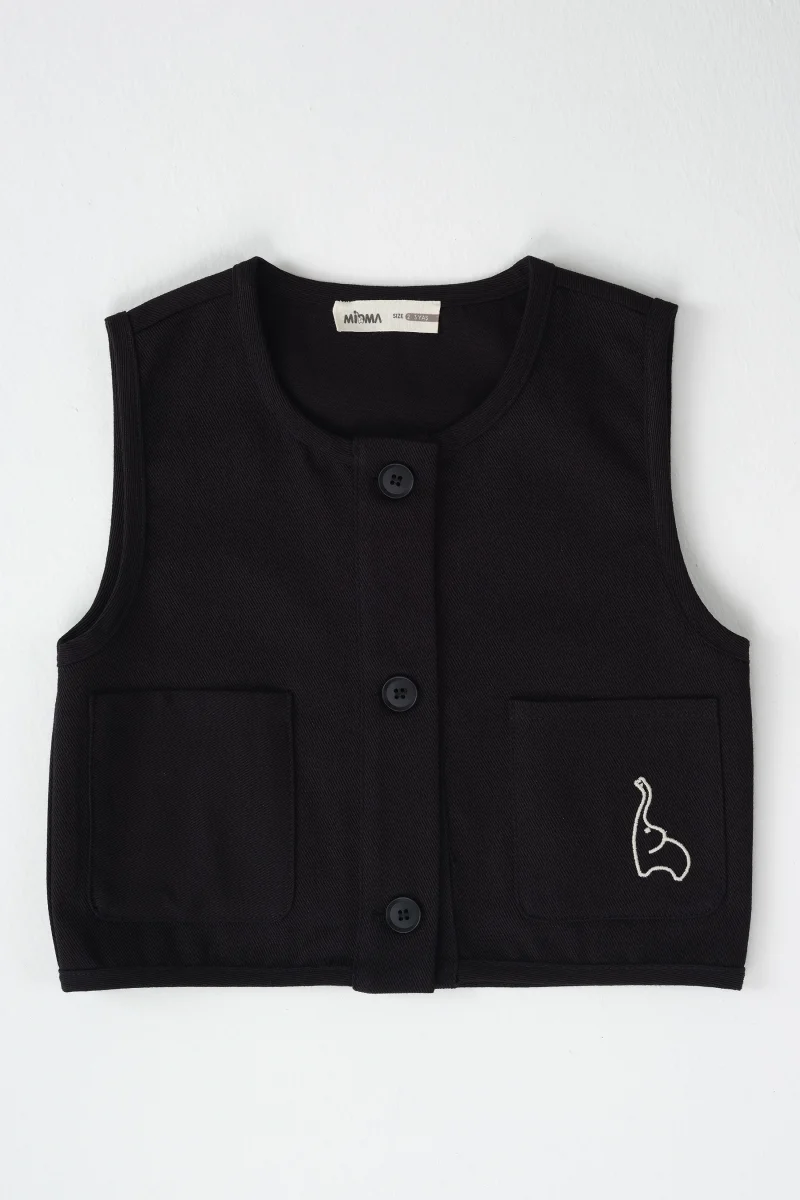 Fil Nakışlı Yelek Siyah 