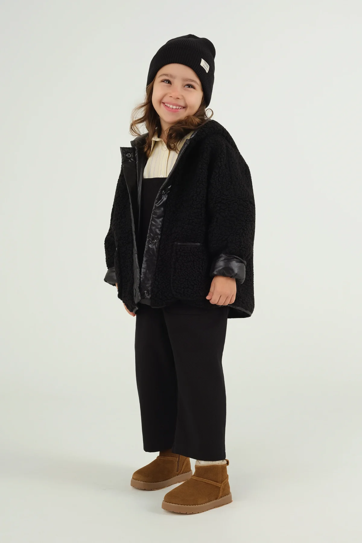 Kapüşonlu Peluş Ceket Siyah - 1