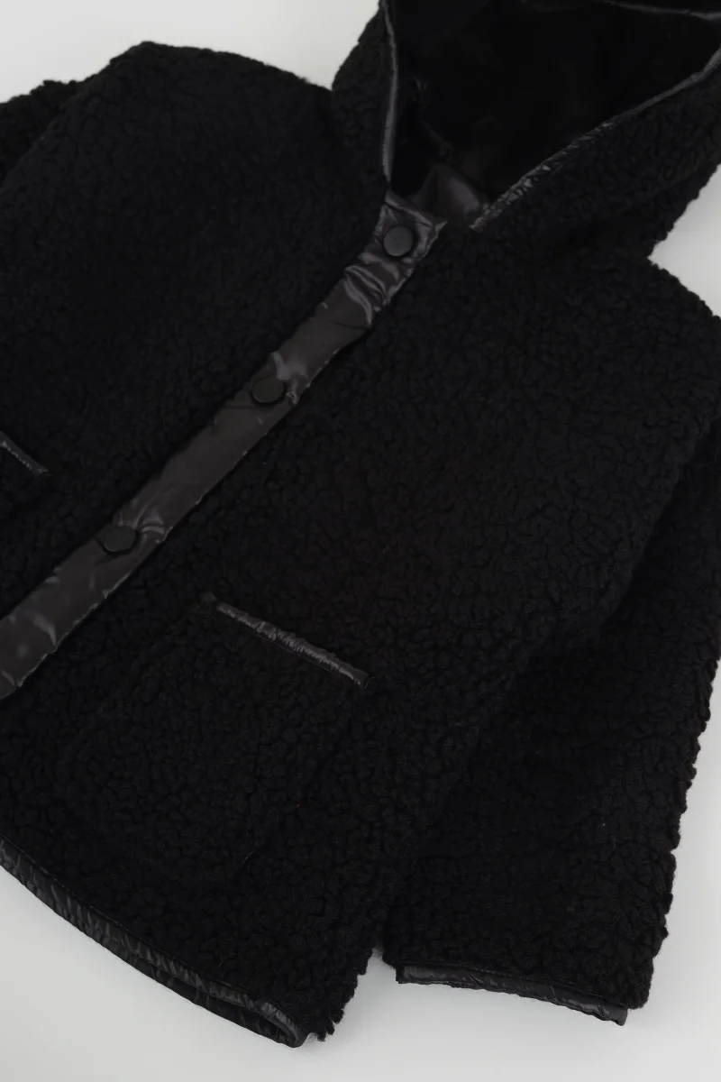 Kapüşonlu Peluş Ceket Siyah - 5