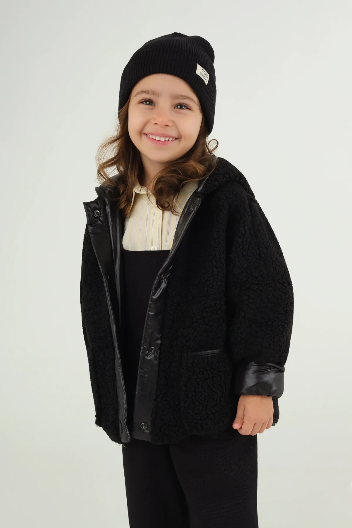 Kapüşonlu Peluş Ceket Siyah - 4