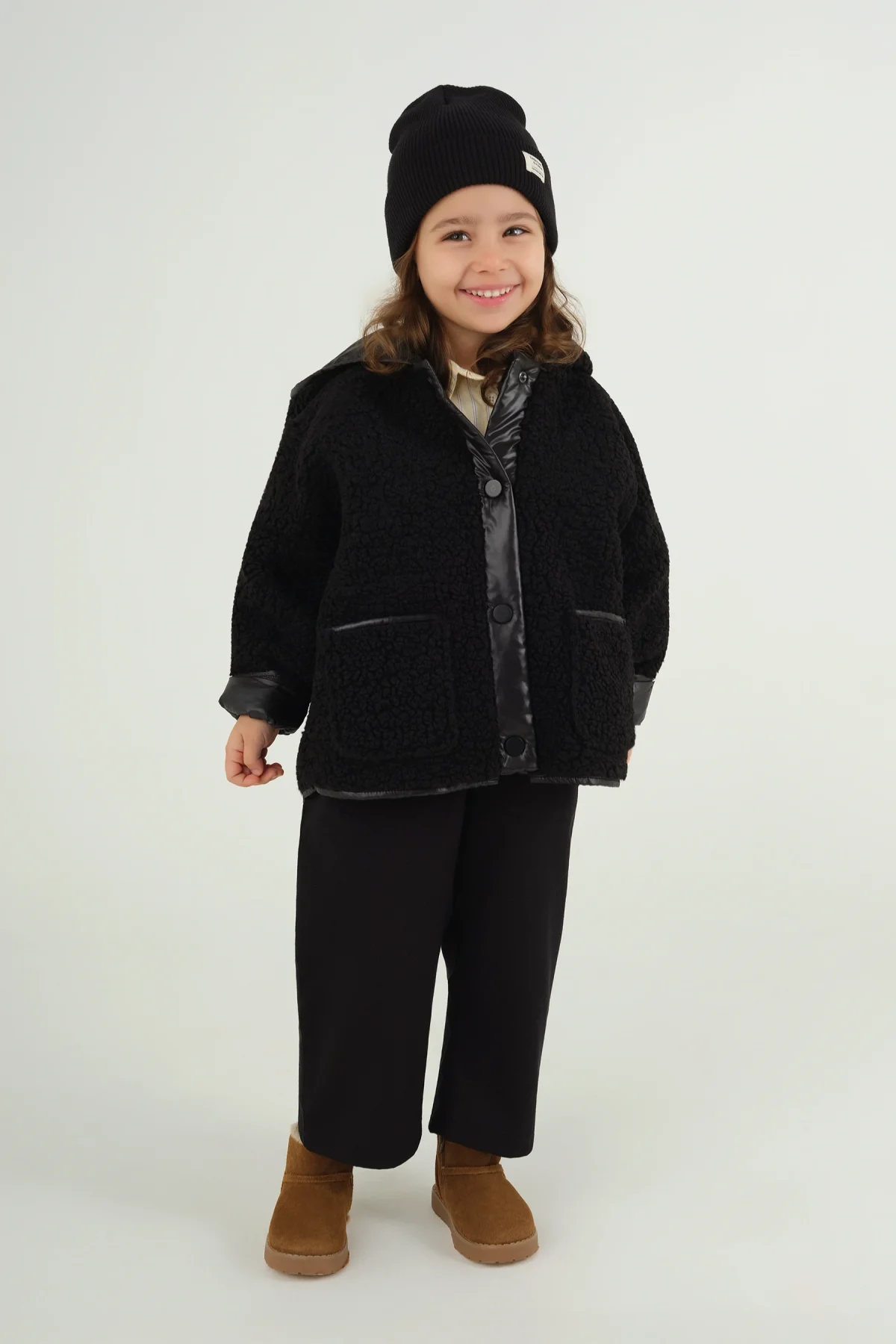 Kapüşonlu Peluş Ceket Siyah - 2