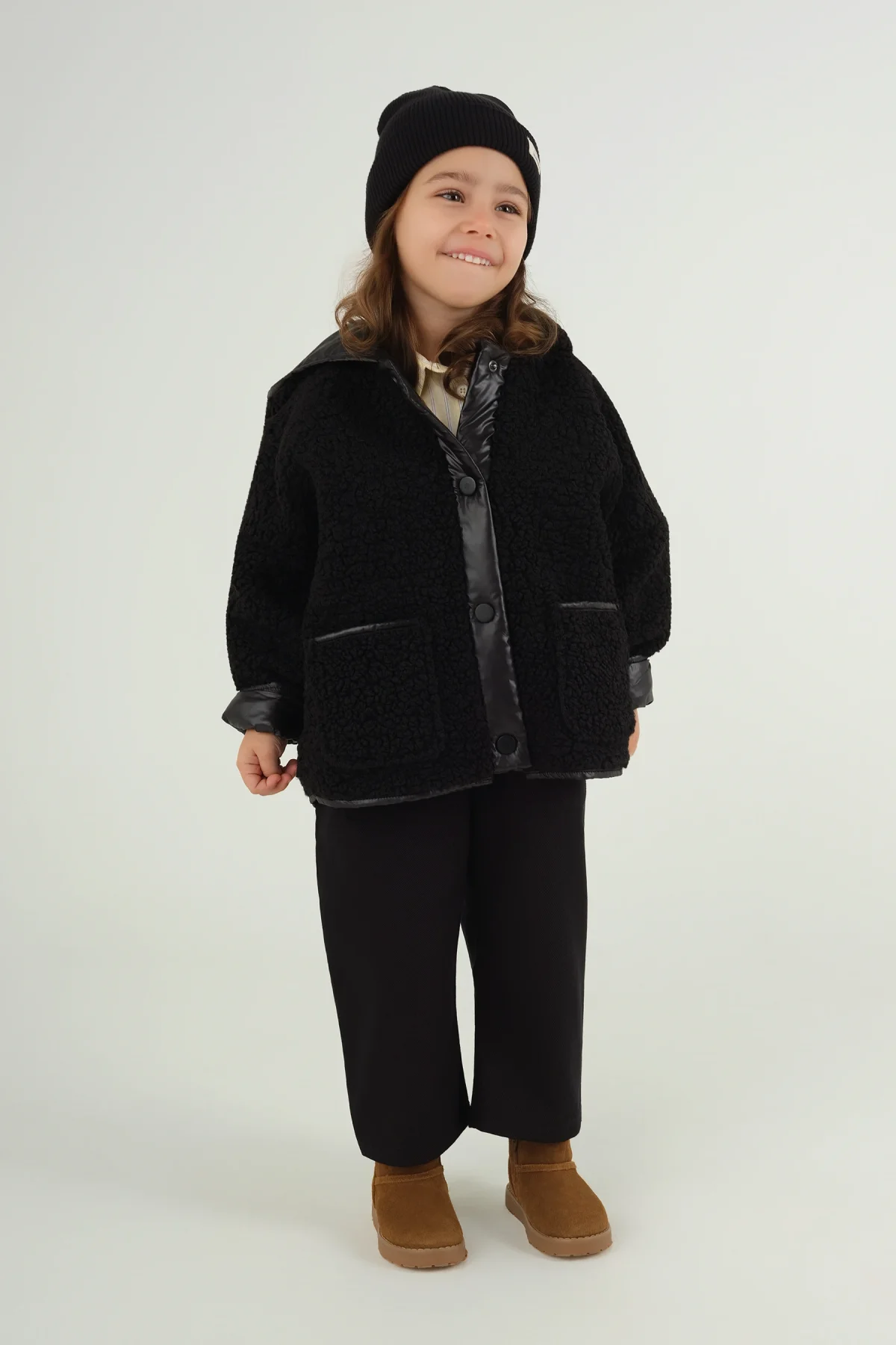 Kapüşonlu Peluş Ceket Siyah - 3