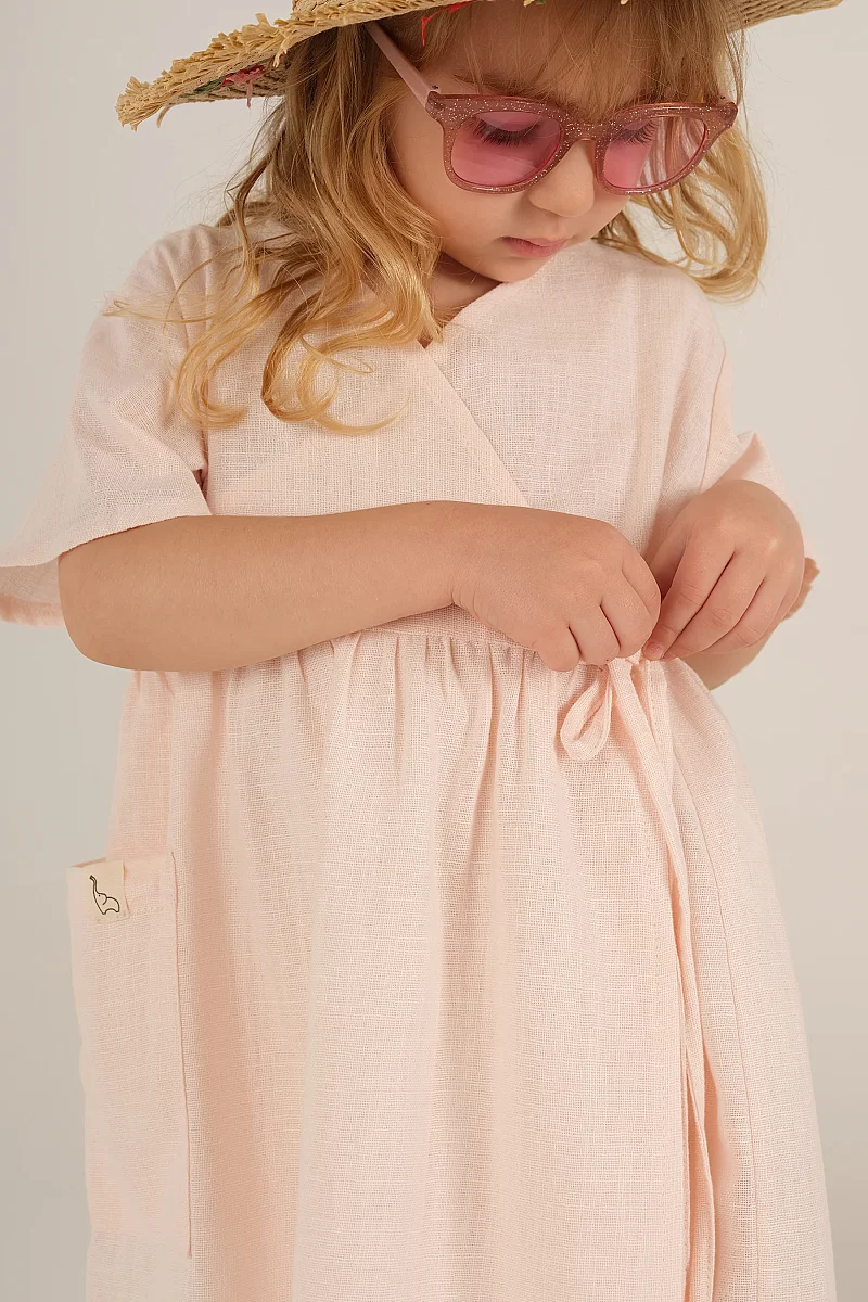 Kruvaze Bağcıklı Elbise Soft Pembe - Mioma Kids