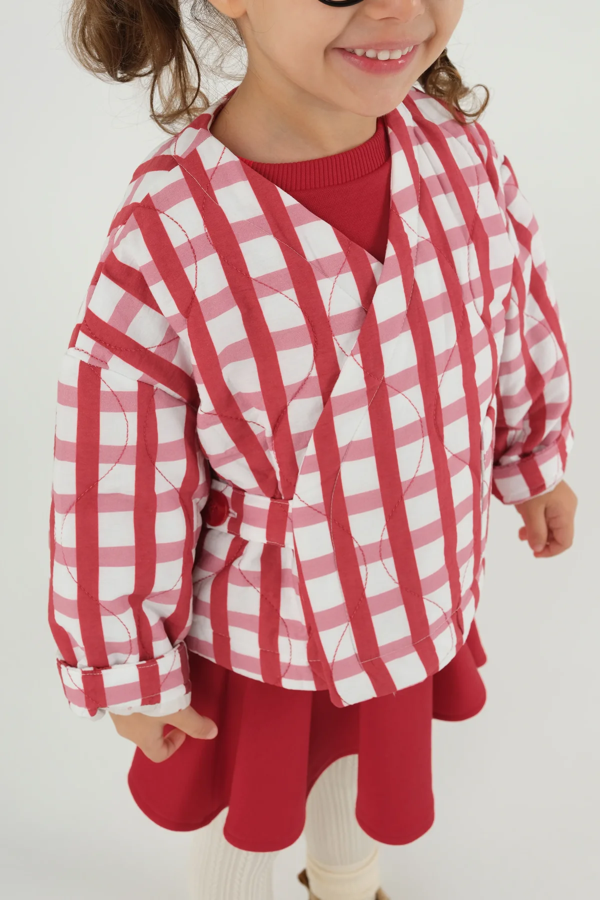 Kruvaze Kırmızı Ekose Desenli Ceket - 3