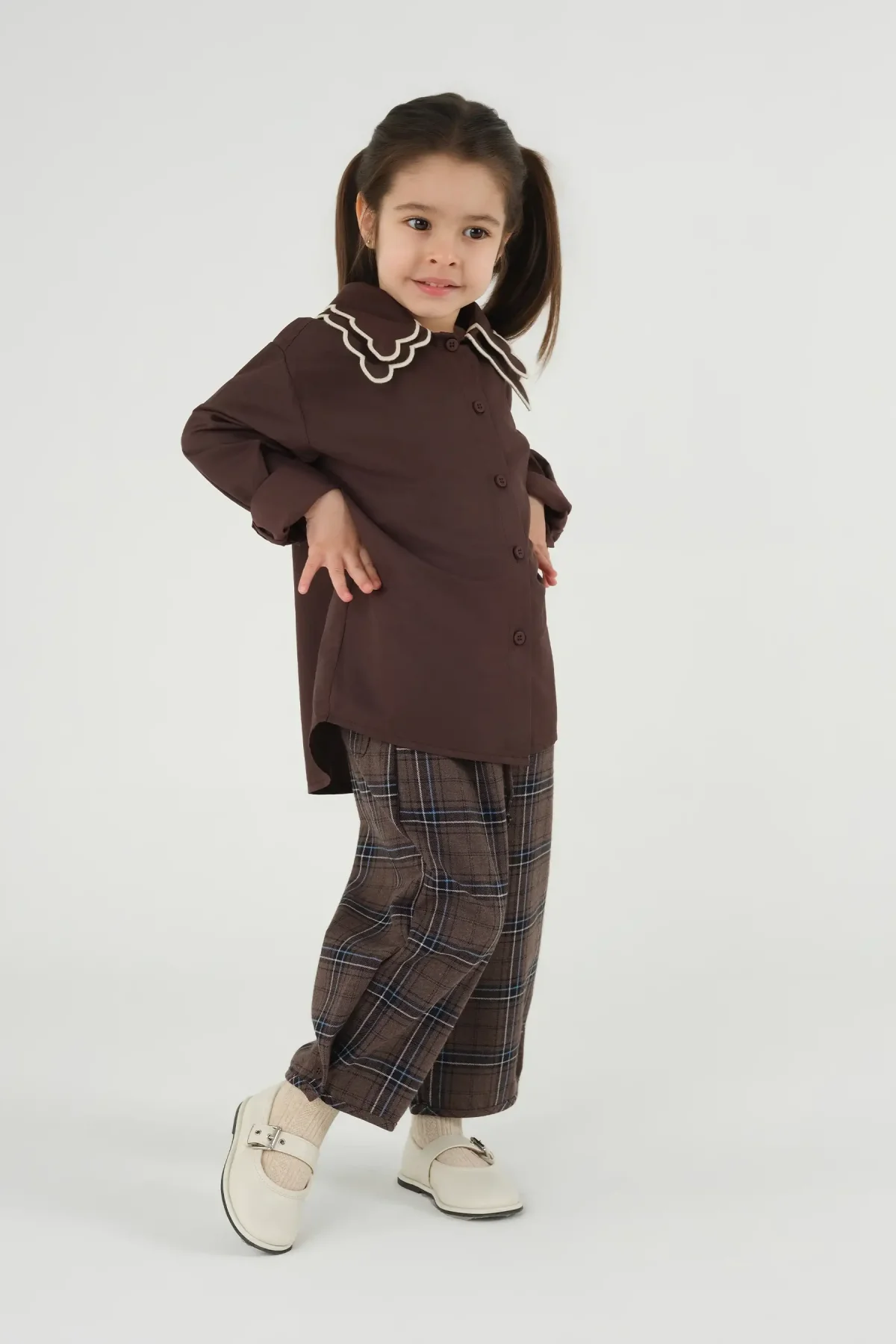 Paça Detaylı Ekose Pantolon Kahve - 1