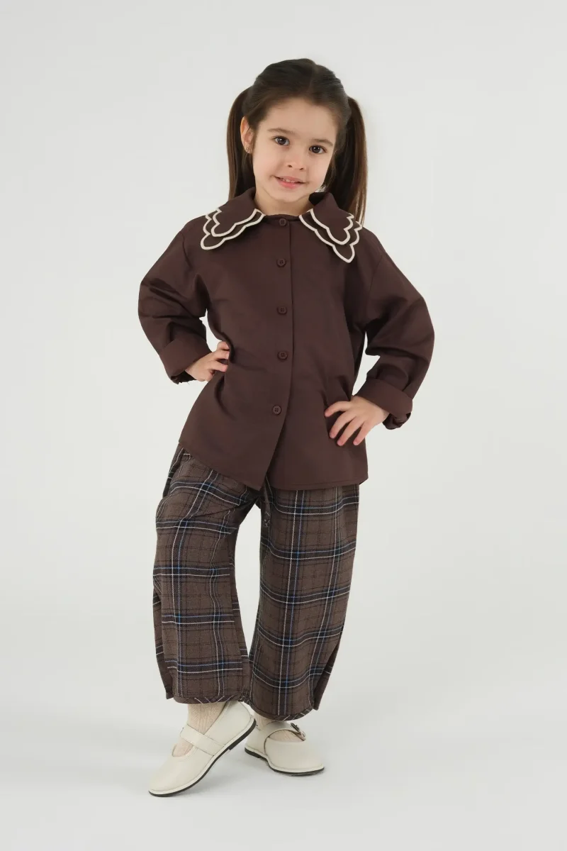 Paça Detaylı Ekose Pantolon Kahve - Mioma Kids (1)