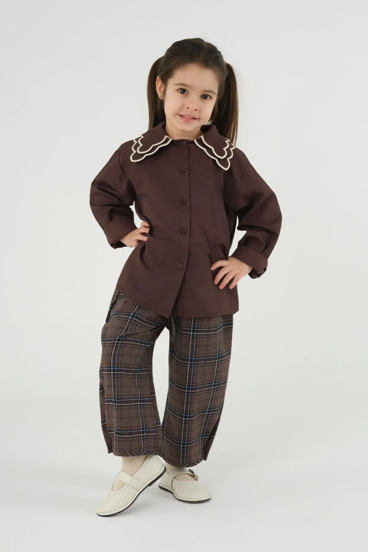 Paça Detaylı Ekose Pantolon Kahve - 2