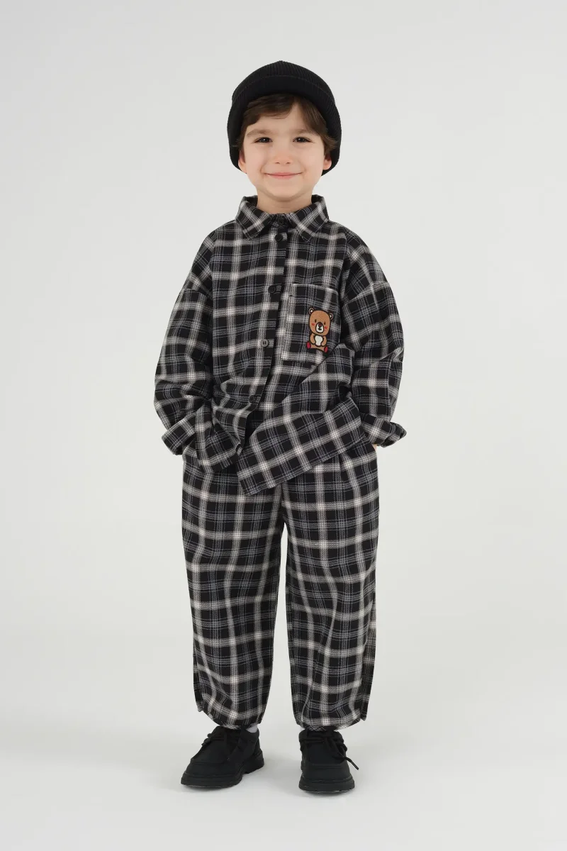 Paça Detaylı Ekose Pantolon Siyah - Mioma Kids (1)