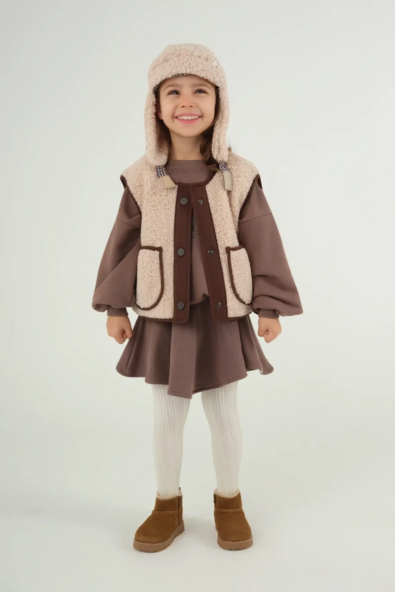 Peluş Yelek Kahve Biyeli Bej - 2