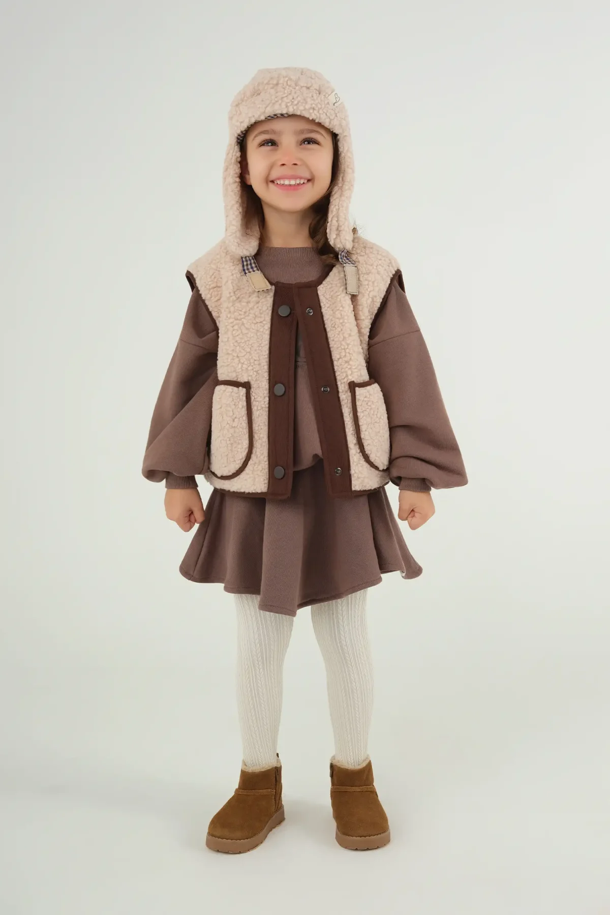 Peluş Yelek Kahve Biyeli Bej - 2