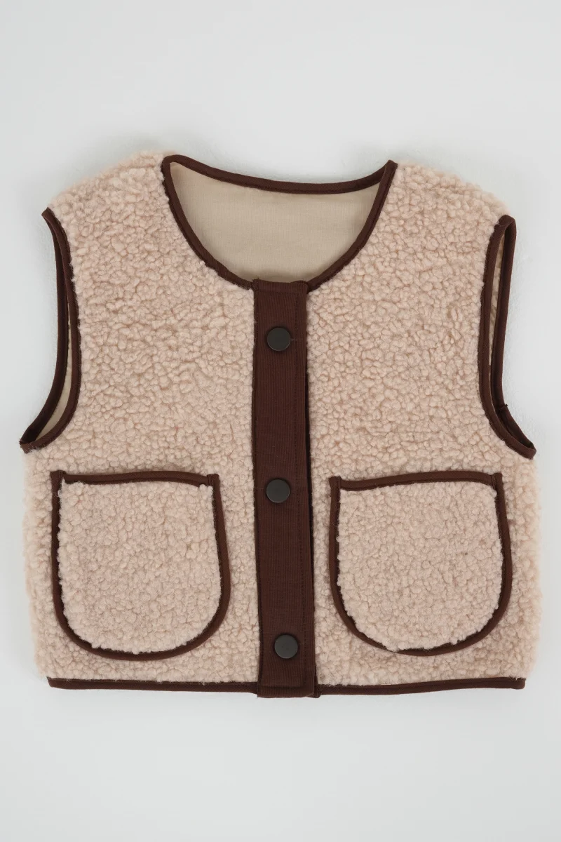 Peluş Yelek Kahve Biyeli Bej - 5