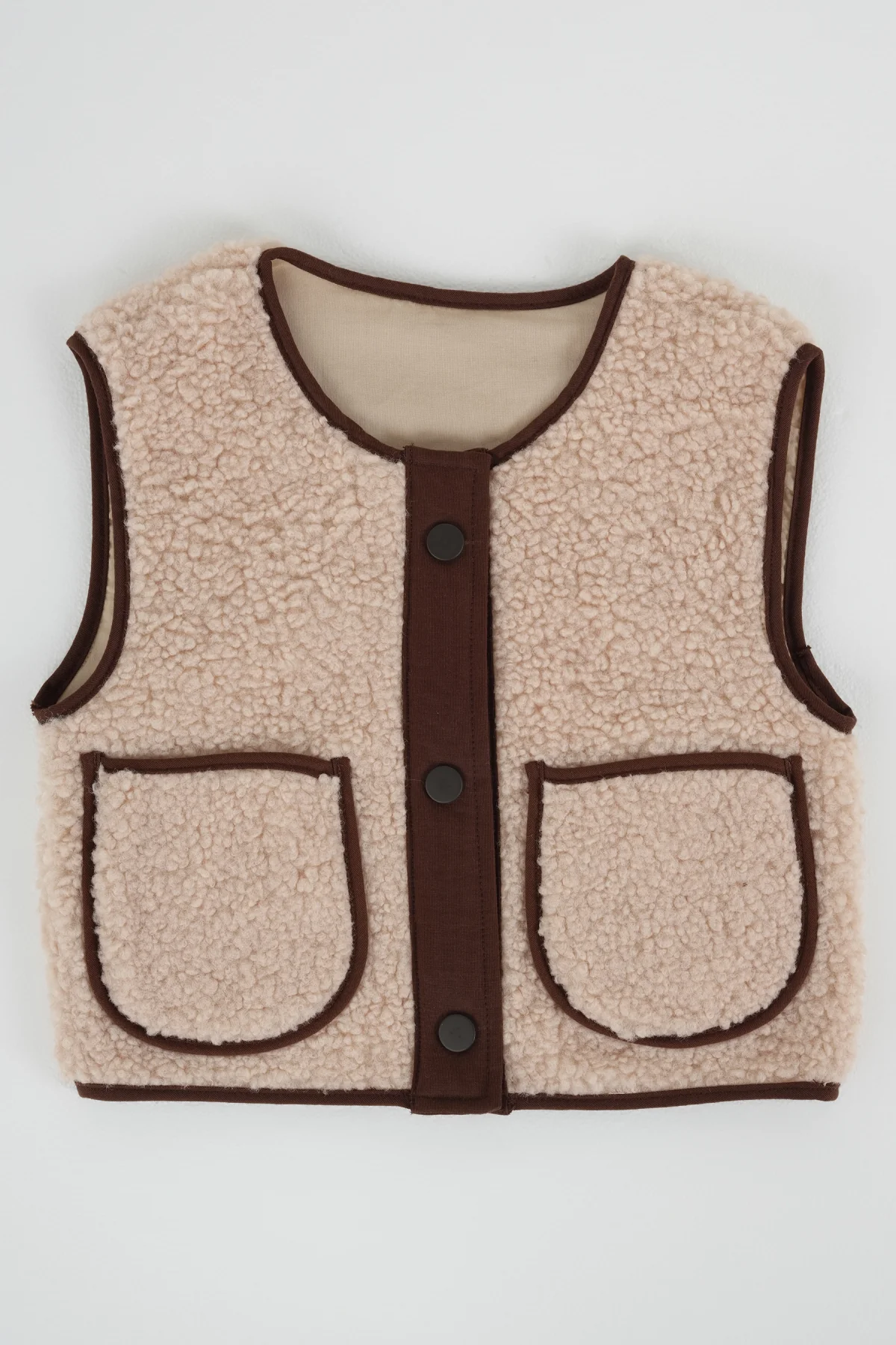 Peluş Yelek Kahve Biyeli Bej - 5