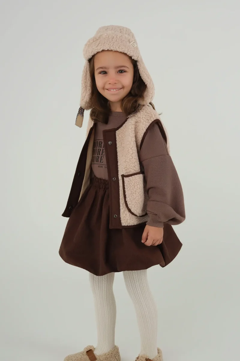 Peluş Yelek Kahve Biyeli Bej - 3