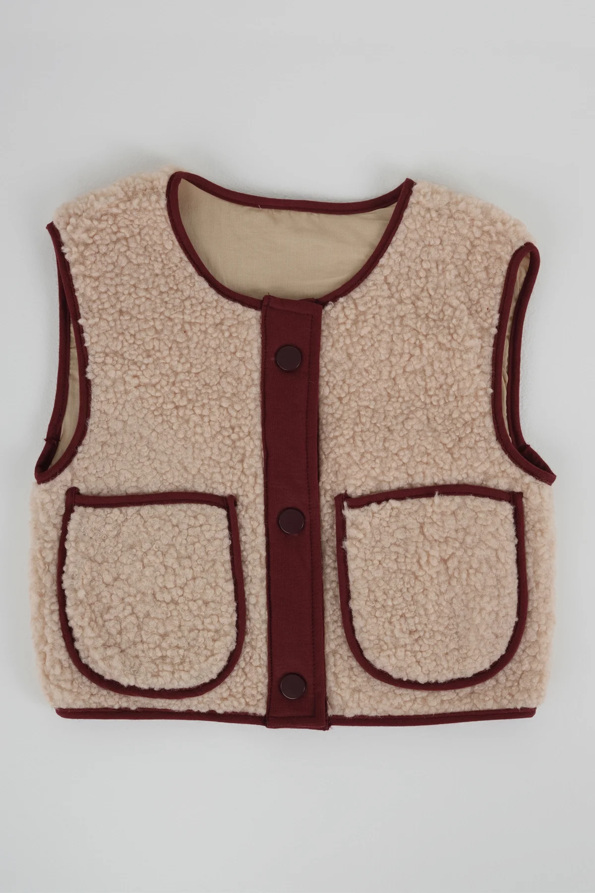 Peluş Yelek Vişne Biyeli Bej - 5