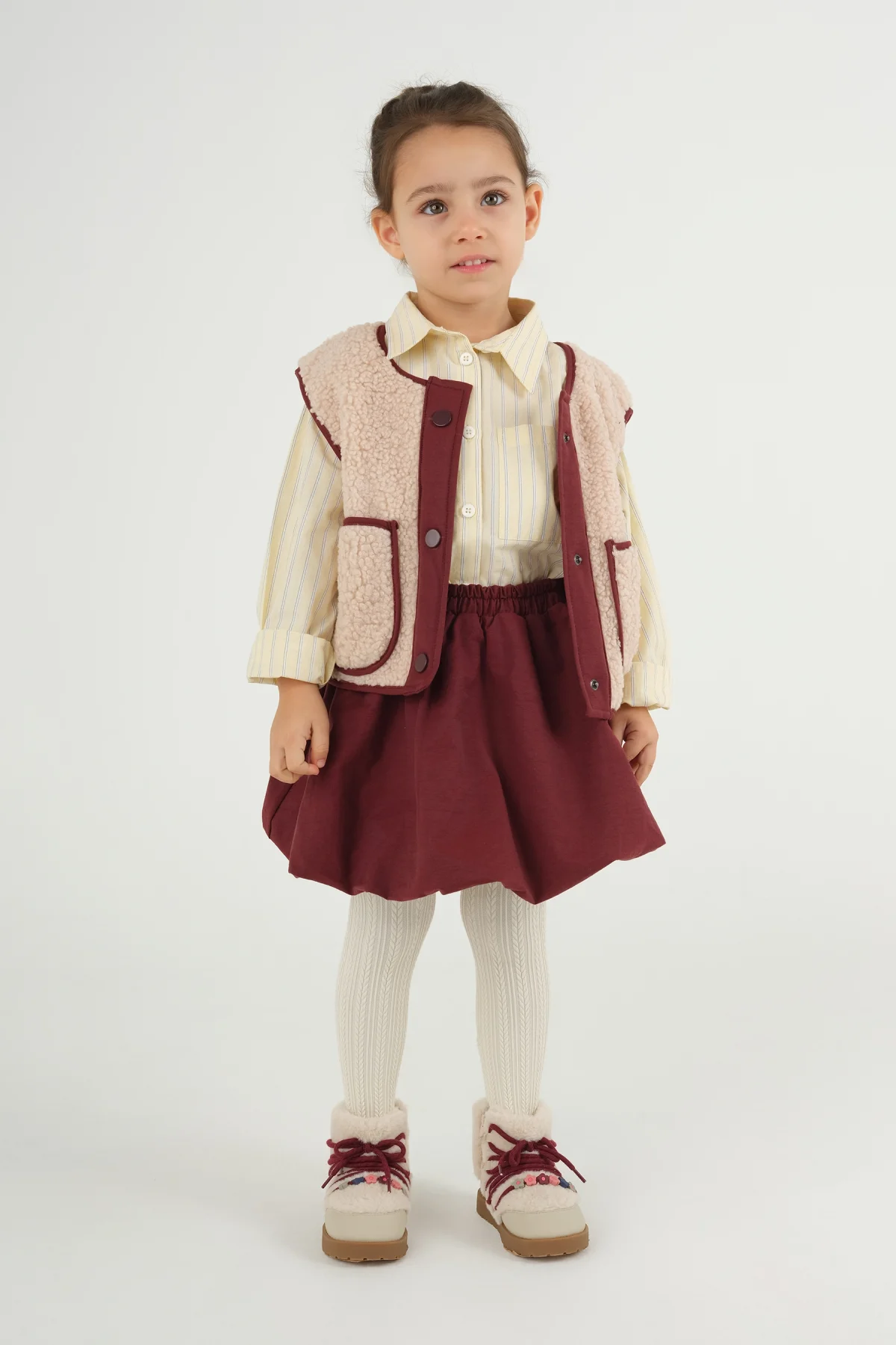 Peluş Yelek Vişne Biyeli Bej - 2