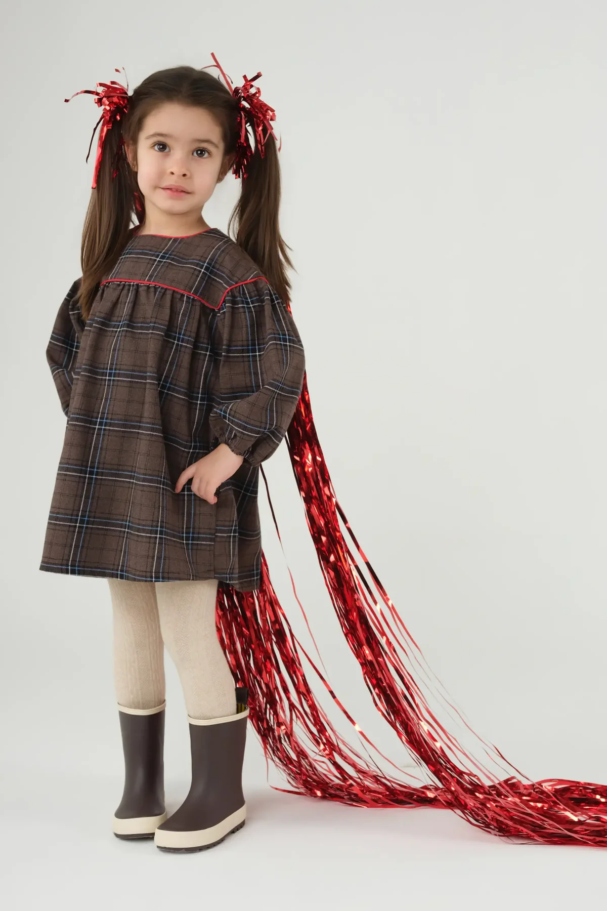 Robası Biyeli Ekose Elbise Kahve - 3