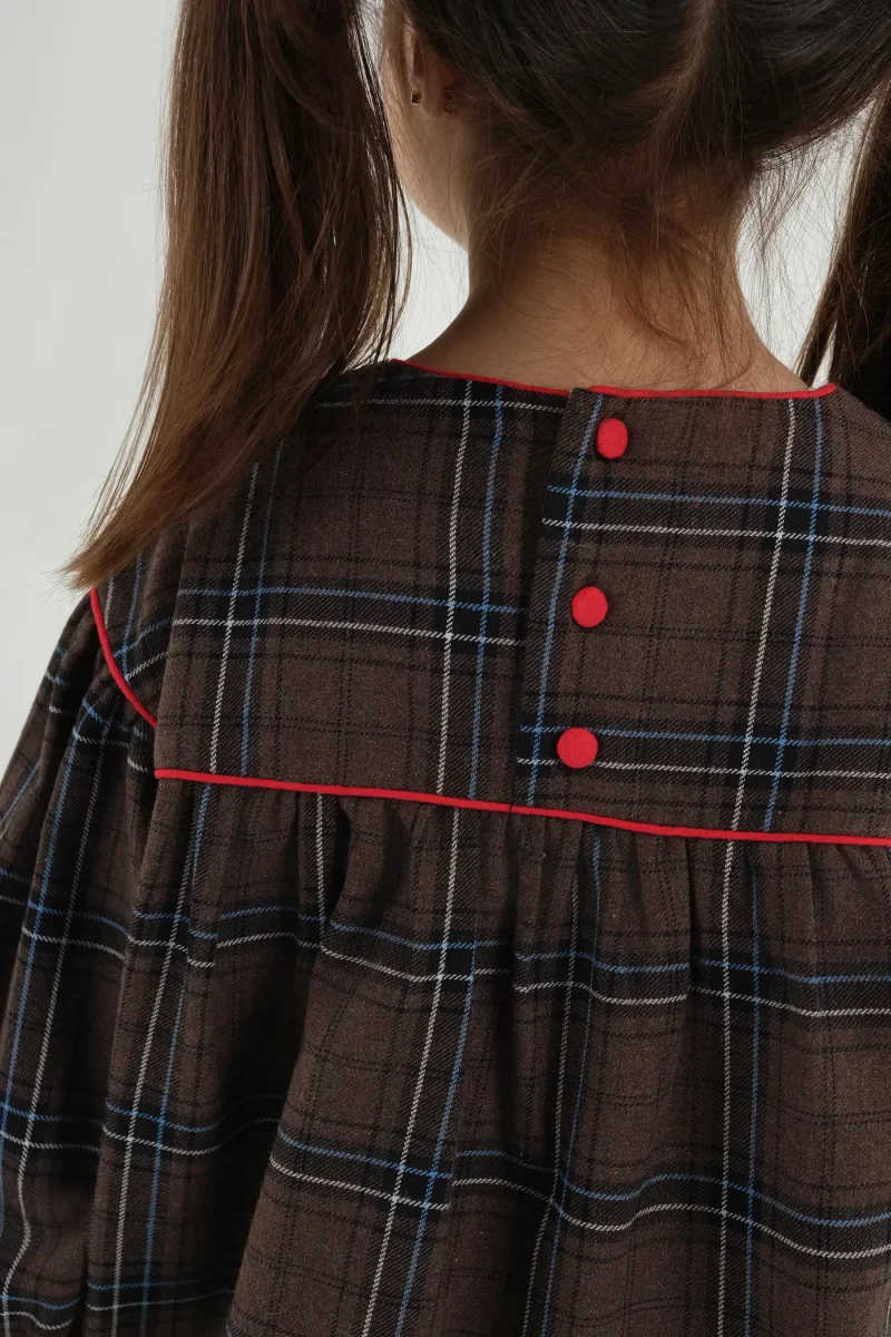 Robası Biyeli Ekose Elbise Kahve - 7