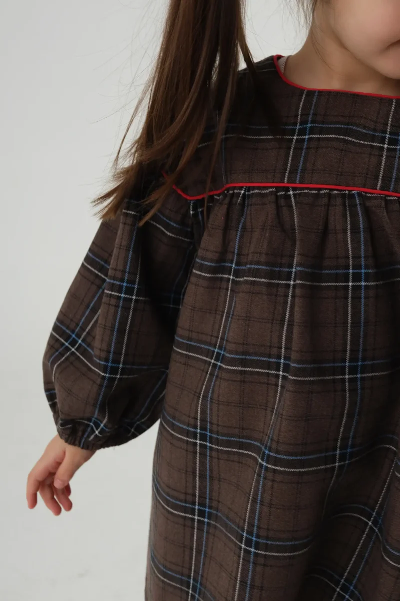 Robası Biyeli Ekose Elbise Kahve - 6