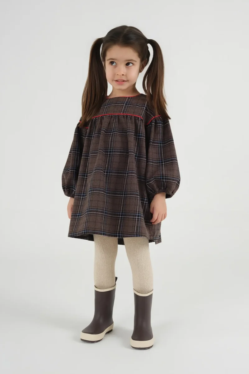 Robası Biyeli Ekose Elbise Kahve - 1