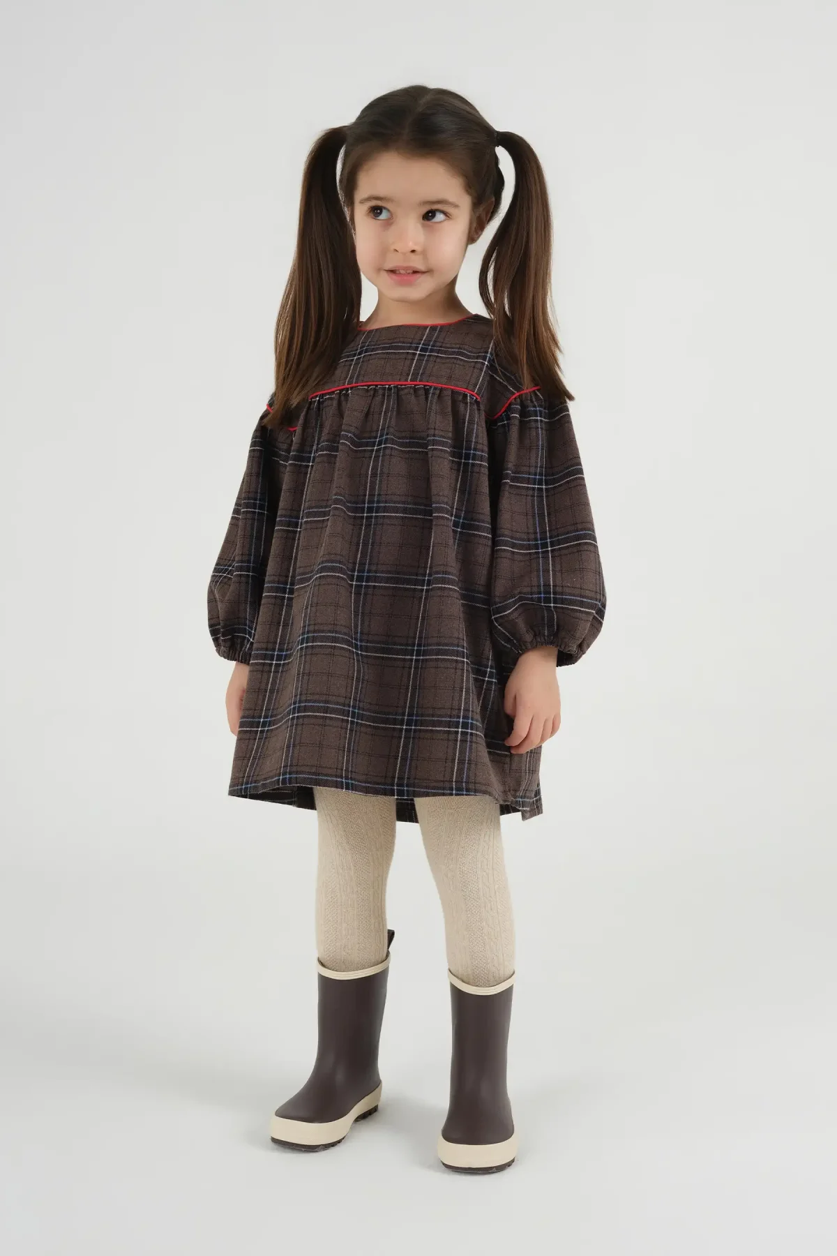 Robası Biyeli Ekose Elbise Kahve - 1