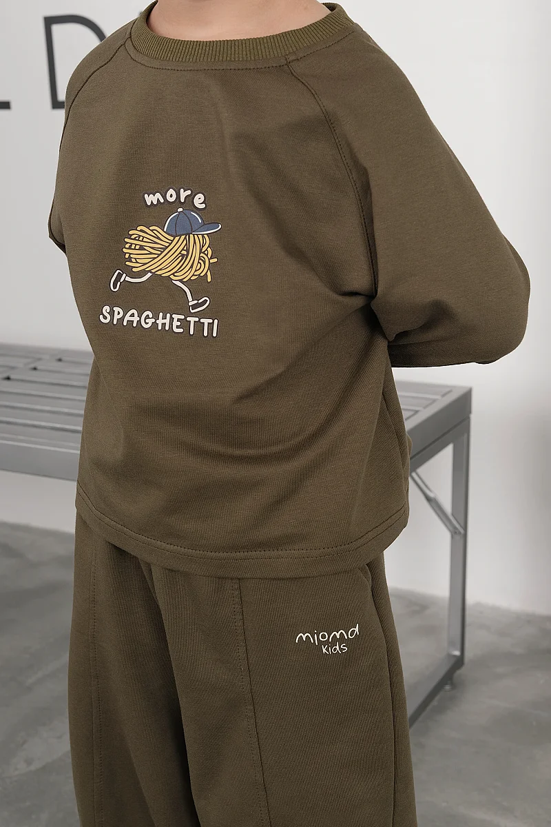 Spagetti Baskılı Tişört Haki - 5