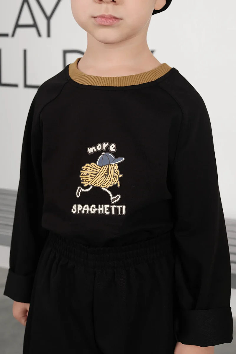 Spagetti Baskılı Tişört Siyah - 4